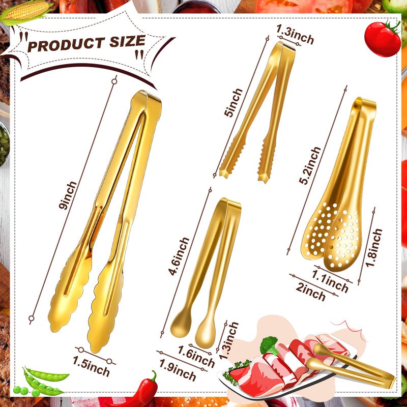 Sawysine 12 Pieces Tongs for Serving Utensils Mini Serving Tong Stainless Steel Appetizer Kitchen Toy Sugar Ice Food Cooking Utensils for Salad Buffet Party, 5 Inch, 9 Inch(Gold) - Image 2