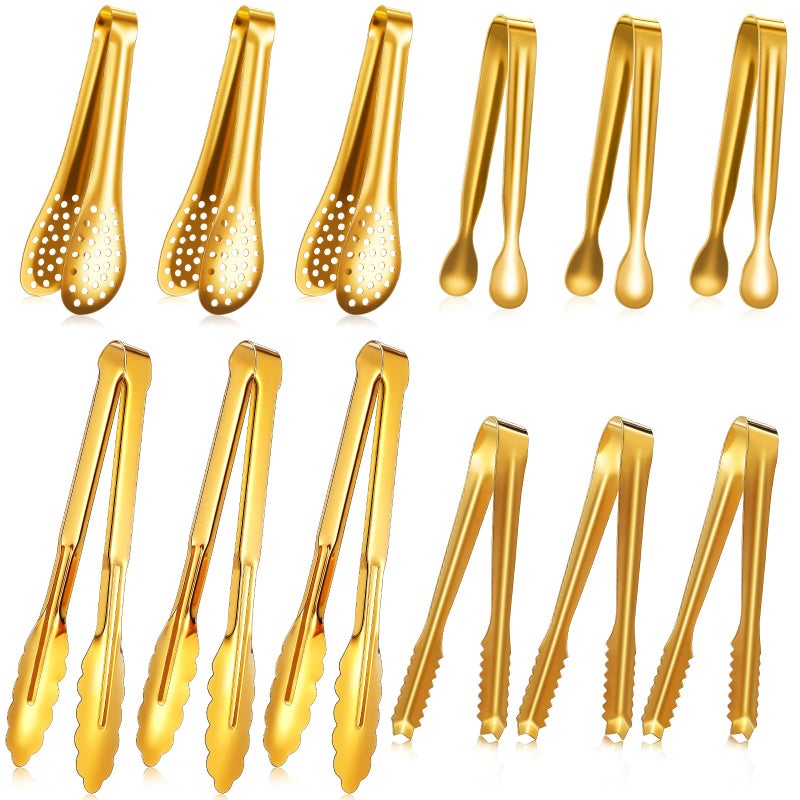 Sawysine 12 Pieces Tongs for Serving Utensils Mini Serving Tong Stainless Steel Appetizer Kitchen Toy Sugar Ice Food Cooking Utensils for Salad Buffet Party, 5 Inch, 9 Inch(Gold) - Image 1