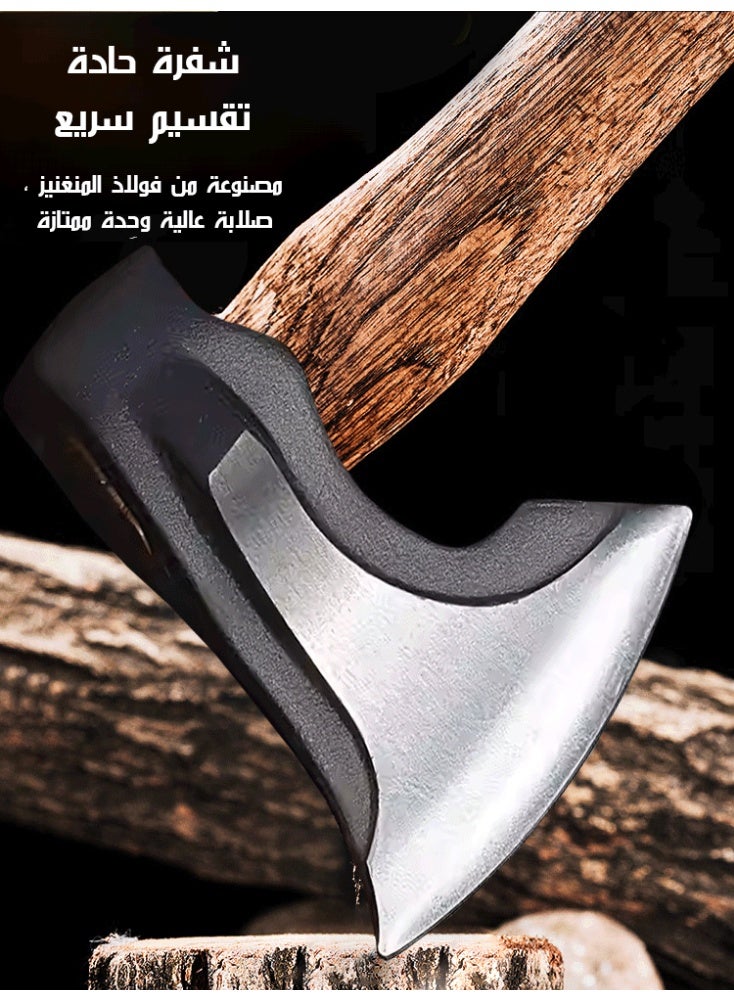 سكين فأس من الفولاذ المقاوم للصدأ على شكل فأس بمقبض خشبي ومقبض من الخيزران سكين تقطيع الخشب في الحديقة، سكين تقطيع الخشب للتخييم في الهواء الطلق - Image 1
