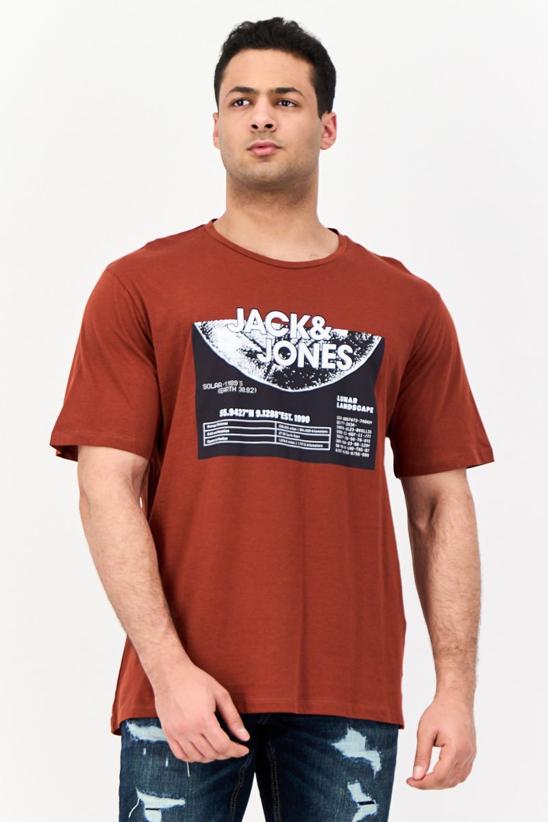 Jack Jones Men Crew Neck Short Sleeves Graphic Print T-Shirt, Brown  - Image 1