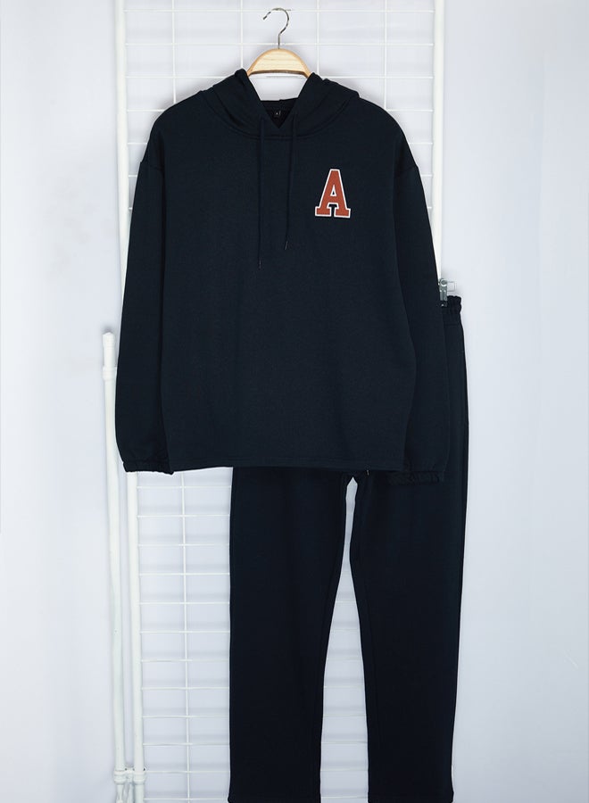 trendyol Black Oversize/Wide Cut Hooded Letter Embroidered Tracksuit TMNAW25EM00007 - Image 5