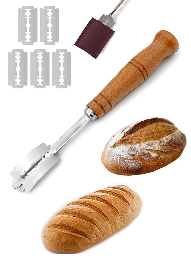 Premium Hand Crafted Bread Lame for Dough Scoring Knife, Lame Bread Tool for Sourdough Bread Slashing with 5 Blades Included with Replacement with Leather Protector Cover - Image 1