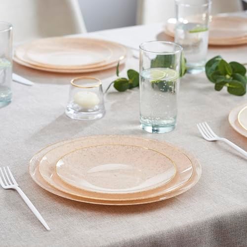 PLASTICPRO 32 Pack Elegant Disposable Plastic Plates Combo Set Includes 16 Dinner Plates and 16 Salad Plate Heavy Duty Fancy Party Plates Pink Granite Plate with Gold rim - Image 5