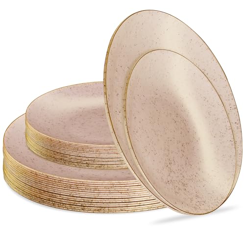 PLASTICPRO 32 Pack Elegant Disposable Plastic Plates Combo Set Includes 16 Dinner Plates and 16 Salad Plate Heavy Duty Fancy Party Plates Pink Granite Plate with Gold rim - Image 1