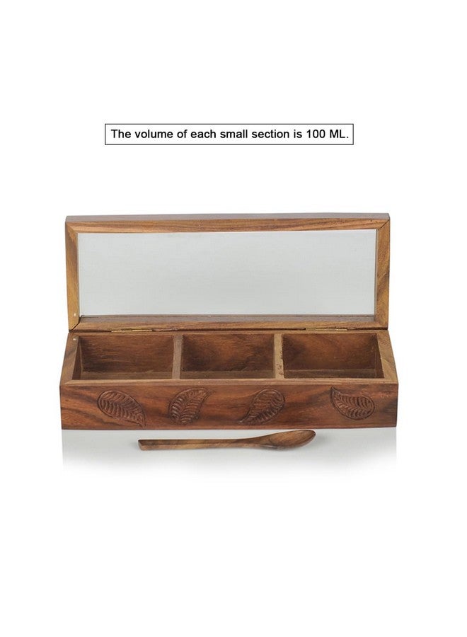 ExclusiveLane Engraved Wooden Spice Box Set for Kitchen Multi-Utility Wooden Masala Box for Kitchen Spice Box with Spoon in Sheesham Wood (3 Partitions) - Spice Rack Jars Holders Masala Container - Image 4
