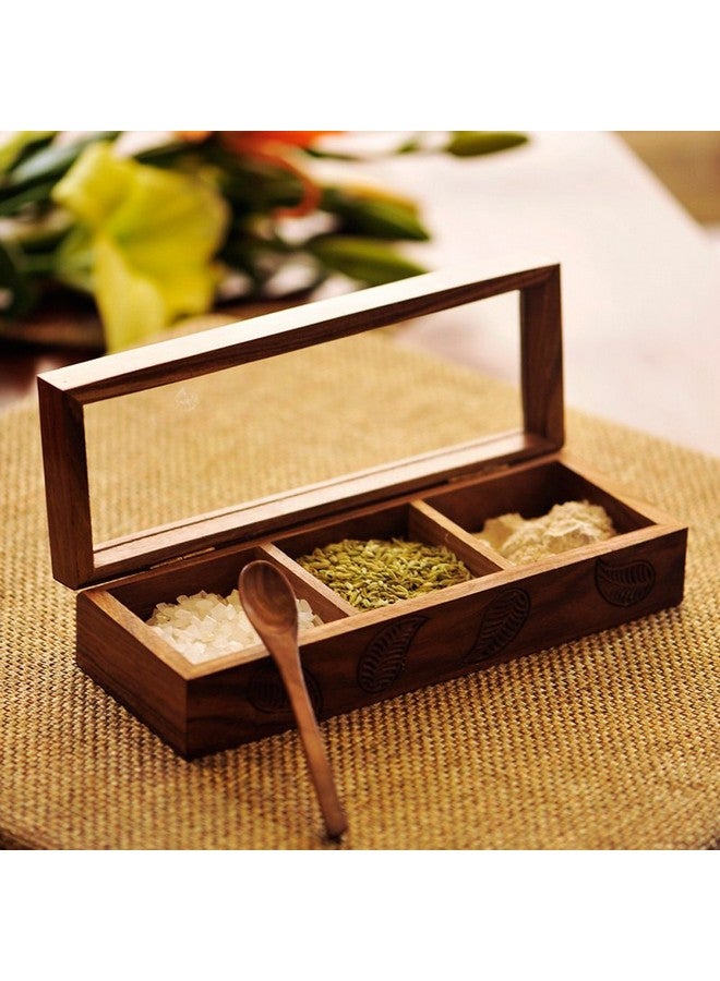 ExclusiveLane Engraved Wooden Spice Box Set for Kitchen Multi-Utility Wooden Masala Box for Kitchen Spice Box with Spoon in Sheesham Wood (3 Partitions) - Spice Rack Jars Holders Masala Container - Image 1