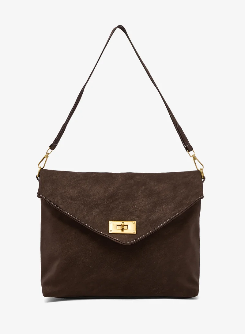 Ginger Suede Flap Shoulder Bag with Golden Accent