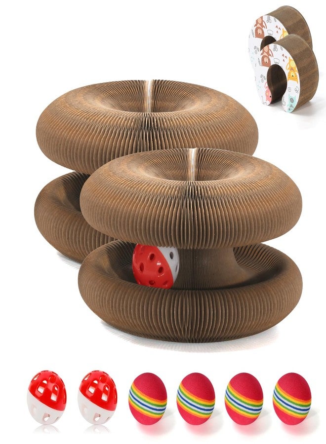 DoubleCare 2 PCS Magic Organ Cat Scratcher Board with 6 Balls, Foldable Recyclable Accordion Cats Toy with Ball and Track Adventure, Cat Scratching Pad, Retractable Reversible Furniture Protector(Brown) - Image 1