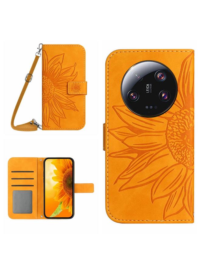 جرين تايجر حافظة هاتف جلدية قابلة للطي منقوشة بزهرة الشمس لهاتف Xiaomi 14 Ultra Skin Feel مع حبل (أصفر)