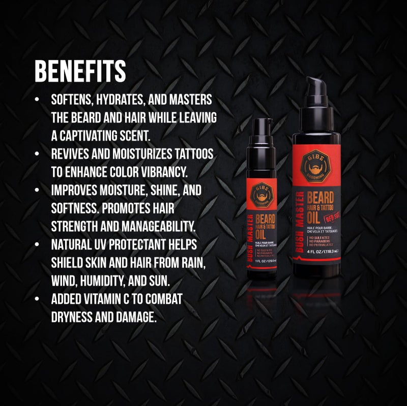 GIBS GROOMING Bush Master Beard, Hair & Tattoo Oil- All-Natural with Nutmeg, Leather, Vanilla & Musk Scent- Softens & Strengthens Beard Growth, Moisturizes Skin, 1 Fl Oz (Pack of 1) - Image 3