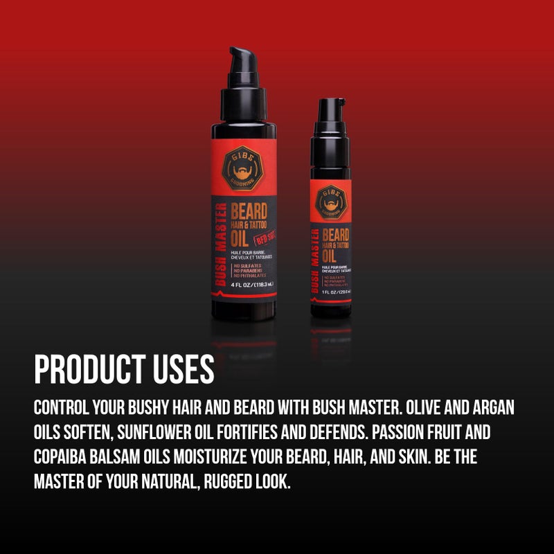 GIBS GROOMING Bush Master Beard, Hair & Tattoo Oil- All-Natural with Nutmeg, Leather, Vanilla & Musk Scent- Softens & Strengthens Beard Growth, Moisturizes Skin, 1 Fl Oz (Pack of 1) - Image 2
