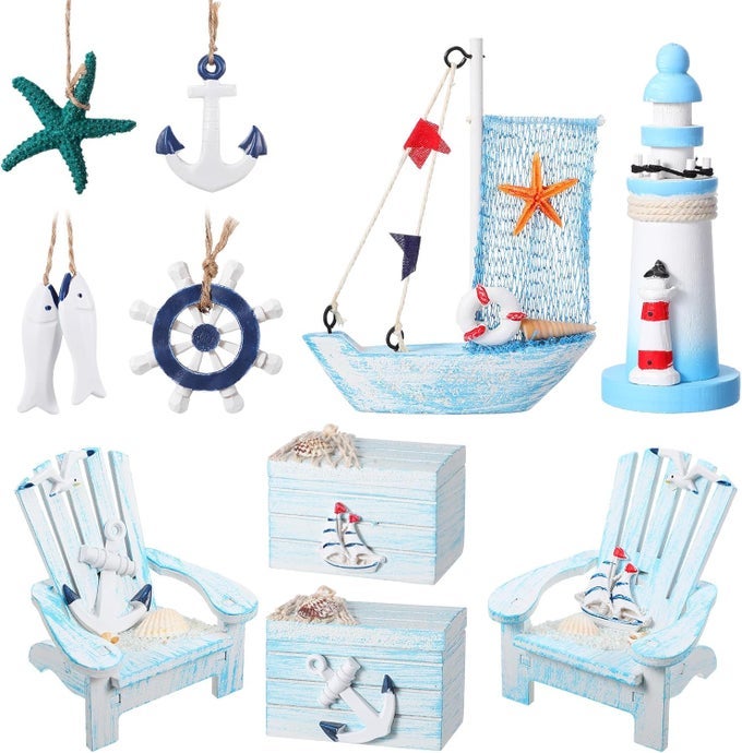 CHRISTMAS BEACH ORNAMENTS WOODEN SAILBOAT LIGHTHOUSE FISH HANGING STARFISH MINI CHAIR HANGING ORNAMENT FOR OCEAN THEMED LANDSCAPE CHRISTMAS ORNAMENT