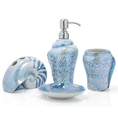 FORLONG Ocean Conch Sea Shell Ceramic Bathroom Accessories Set of 4,1 Gargle Cups 1 Toothbrush Holders 1 Soap Dishes 1 Soap Dispenser (Blue) - Image 1