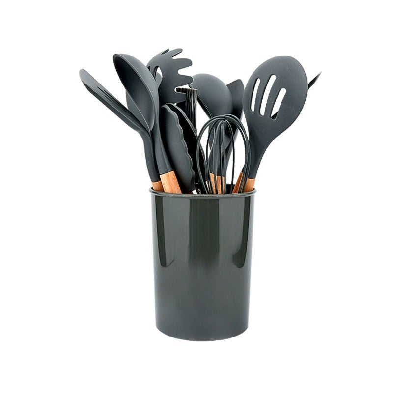 Silicone Kitchen Utensil Set 12-Piece Black: Food-Grade Silicone Tips Protect Non-Stick Cookware, High-Temperature Resistance - Stable Wooden Handles Prevent Scalds for Home Kitchen Cooking Baking - Image 1