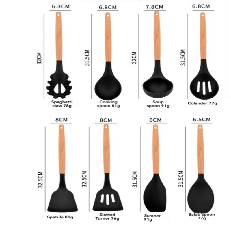 Silicone Kitchen Utensil Set 12-Piece Black: Food-Grade Silicone Tips Protect Non-Stick Cookware, High-Temperature Resistance - Stable Wooden Handles Prevent Scalds for Home Kitchen Cooking Baking - Image 5