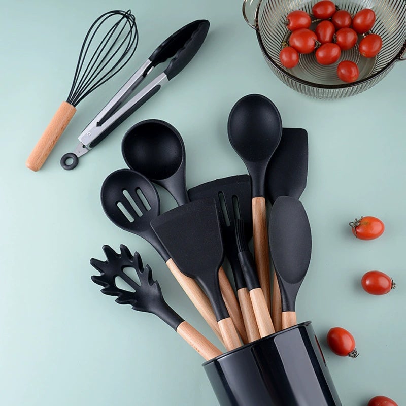 Silicone Kitchen Utensil Set 12-Piece Black: Food-Grade Silicone Tips Protect Non-Stick Cookware, High-Temperature Resistance - Stable Wooden Handles Prevent Scalds for Home Kitchen Cooking Baking - Image 2
