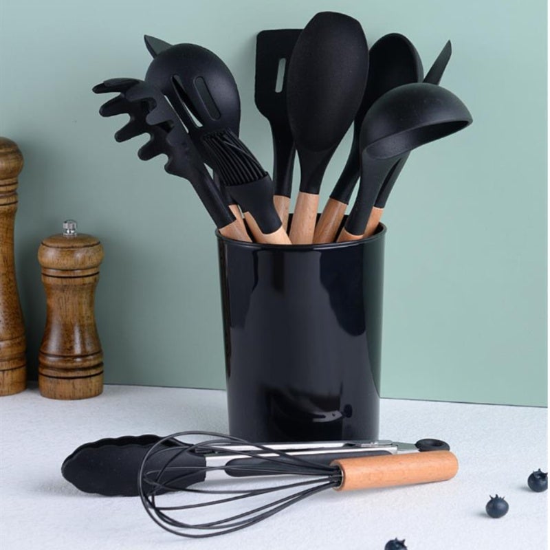 Silicone Kitchen Utensil Set 12-Piece Black: Food-Grade Silicone Tips Protect Non-Stick Cookware, High-Temperature Resistance - Stable Wooden Handles Prevent Scalds for Home Kitchen Cooking Baking - Image 4