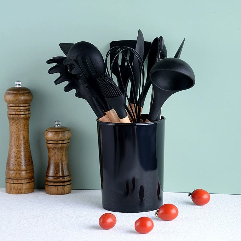 Silicone Kitchen Utensil Set 12-Piece Black: Food-Grade Silicone Tips Protect Non-Stick Cookware, High-Temperature Resistance - Stable Wooden Handles Prevent Scalds for Home Kitchen Cooking Baking - Image 3