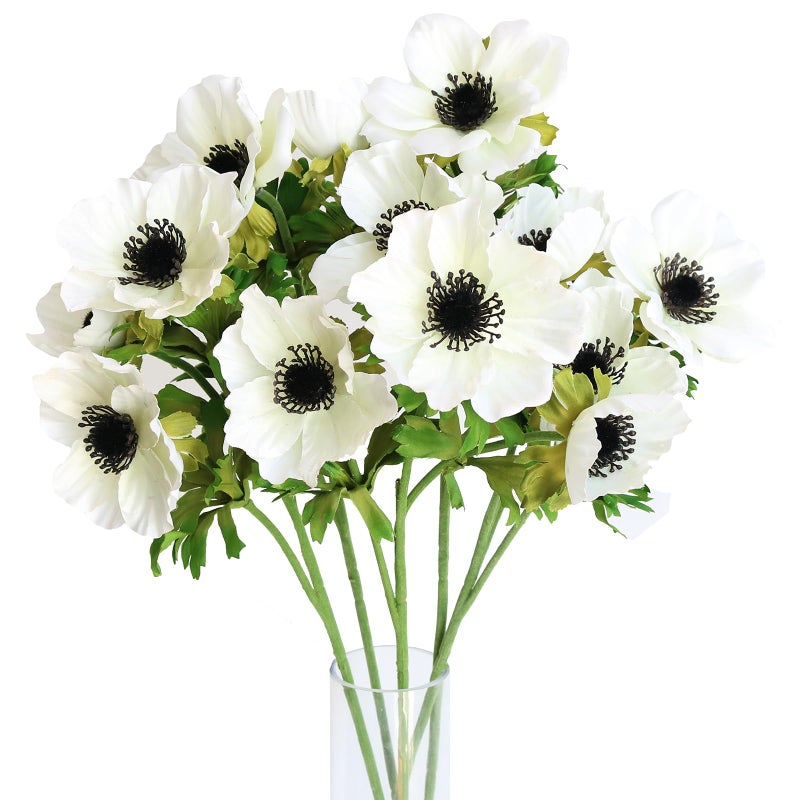 Htmeing 5pcs Artificial Anemone Full Blooming Flower Bushes with Green Foliage for Mothers Day or Decoration for Home Restaurant Office  Wedding White