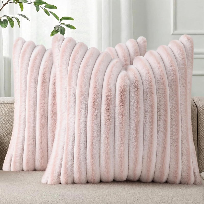 Pallene Faux Fur Plush Throw Pillow Covers 18x18 Set of 2, Luxury Soft Fluffy Striped Decorative Pillow Covers for Sofa, Couch, Living Room, Ombre Pink - Image 1