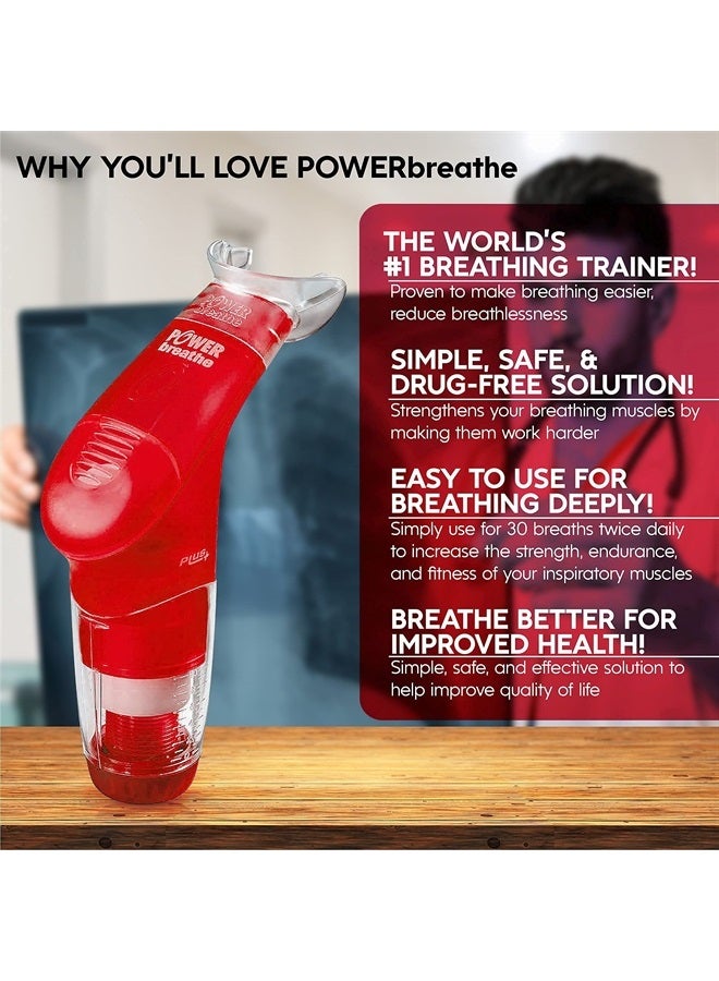 POWERbreathe جهاز تمارين التنفس، مدرب التنفس وأداة العلاج لتقوية عضلات التنفس ومساعدة سعة الرئة، مدرب عضلات الشهيق المحمول - أحمر، مقاومة ثقيلة - Image 1