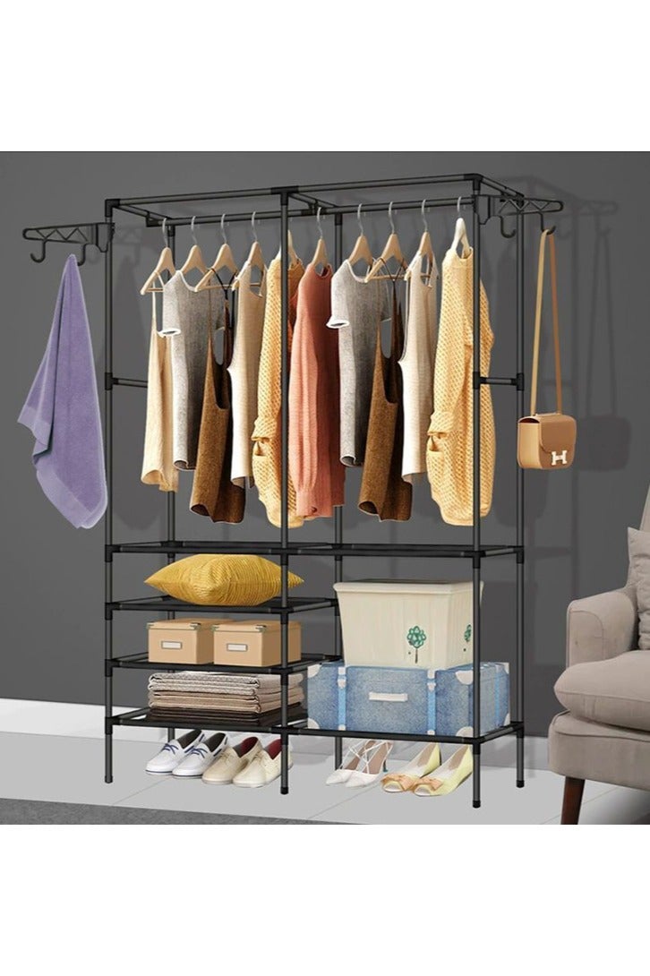 Simple Double-Row Storage Coat Rack, Home Bedroom Floor Storage Rack, Multifunctional Vertical Clothes Rack, Movable Coat Rack, Multi-Layer Reinforced Simple Clothes Rack with Hooks, Black - Image 1