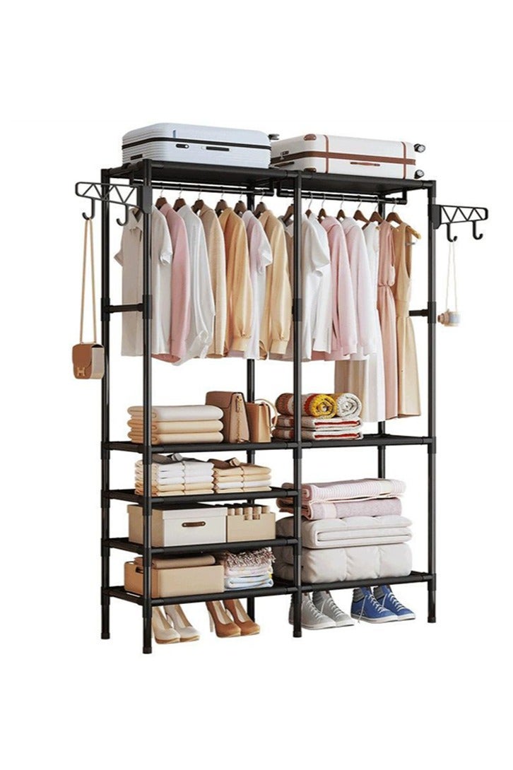 Simple Double-Row Storage Coat Rack, Home Bedroom Floor Storage Rack, Multifunctional Vertical Clothes Rack, Movable Coat Rack, Multi-Layer Reinforced Simple Clothes Rack with Hooks, Black - Image 2