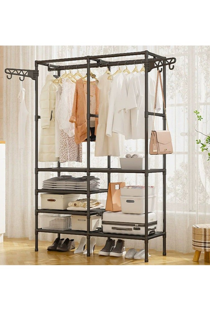 Simple Double-Row Storage Coat Rack, Home Bedroom Floor Storage Rack, Multifunctional Vertical Clothes Rack, Movable Coat Rack, Multi-Layer Reinforced Simple Clothes Rack with Hooks, Black - Image 3