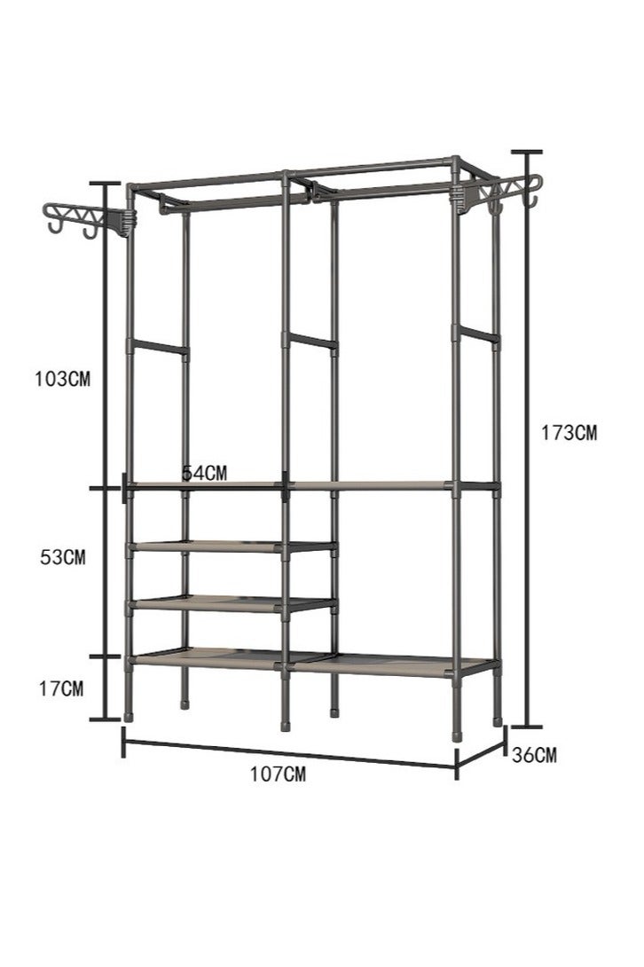 Simple Double-Row Storage Coat Rack, Home Bedroom Floor Storage Rack, Multifunctional Vertical Clothes Rack, Movable Coat Rack, Multi-Layer Reinforced Simple Clothes Rack with Hooks, Black - Image 5