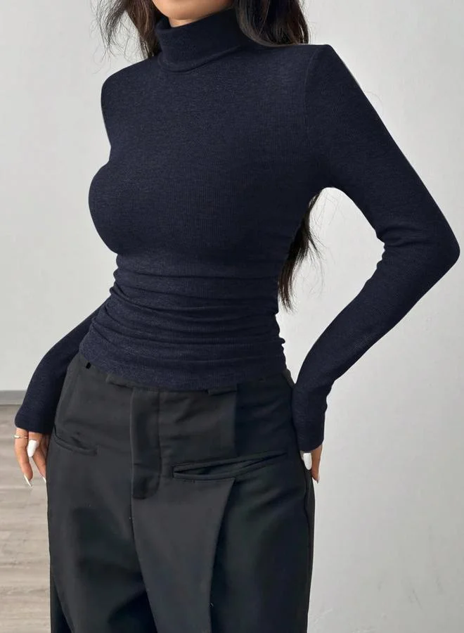 Take Two Navy Blue Ribbed Turtleneck Long Sleeve Top