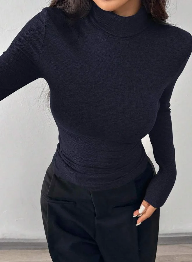 Take Two Navy Blue Ribbed Turtleneck Long Sleeve Top