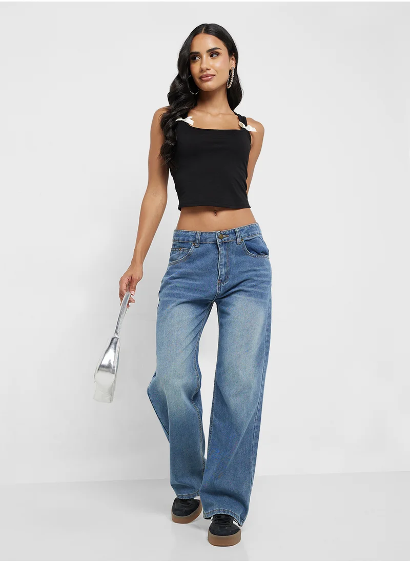 جينجر Mid Rise Wide Leg Boyfriend Jeans