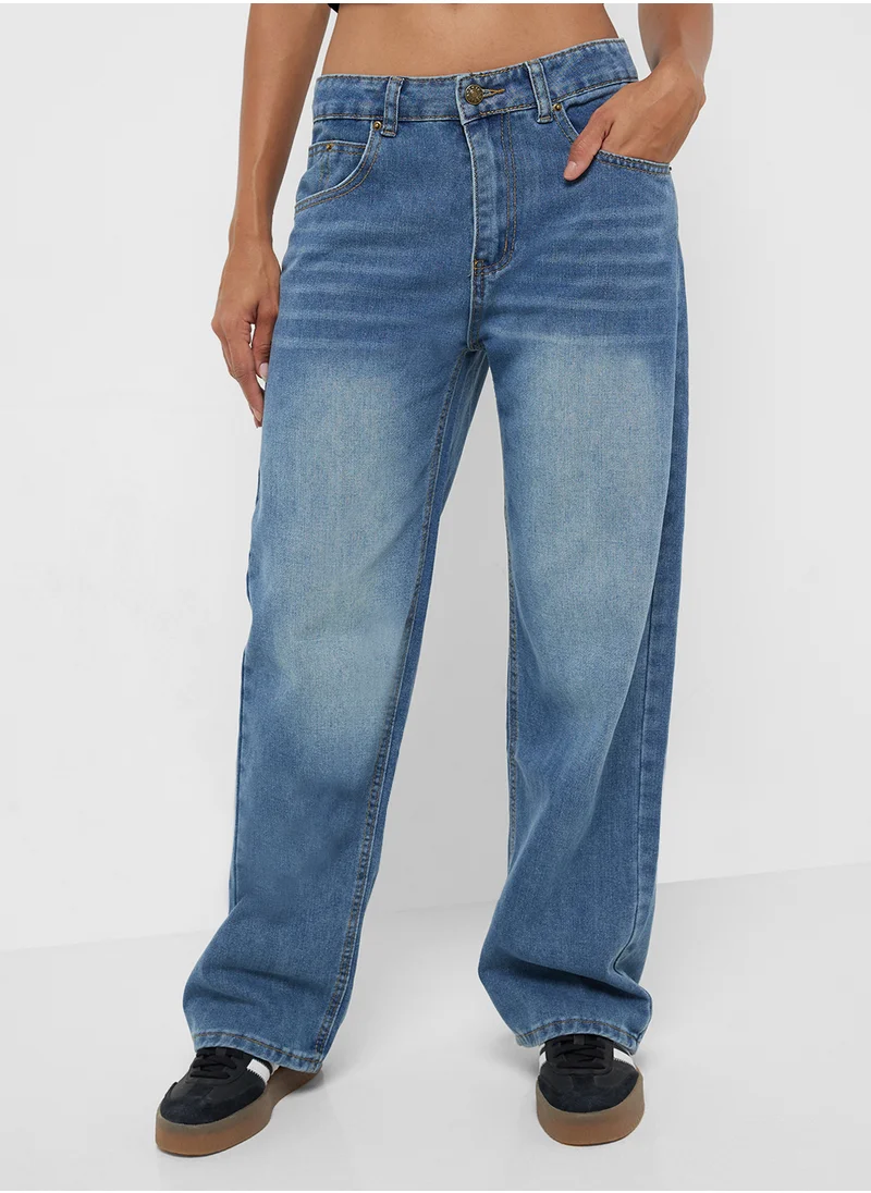 جينجر Mid Rise Wide Leg Boyfriend Jeans