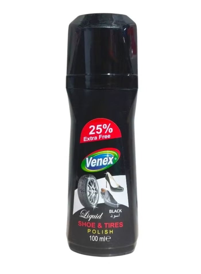 Venex Liquid Shoe & Tires Polish 100ml Black Tyre Shine and Shoe Polish, Restores Deep Black Finish, Instant Gloss, Long Lasting Protection, Anti Crack Formula, Removes Dirt Oil Grease, For Car Tyres, Leather Synthetic Shoes, Easy Apply, Quick DryUP - Image 1