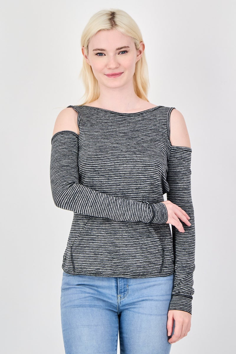 Body Language Women Round Neck Cold Shoulder Razor Pullover Top, Multicolor - Image 1