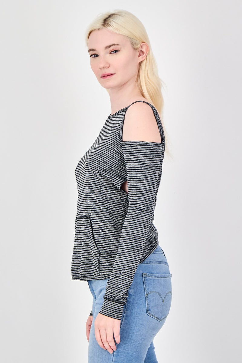 Body Language Women Round Neck Cold Shoulder Razor Pullover Top, Multicolor - Image 2