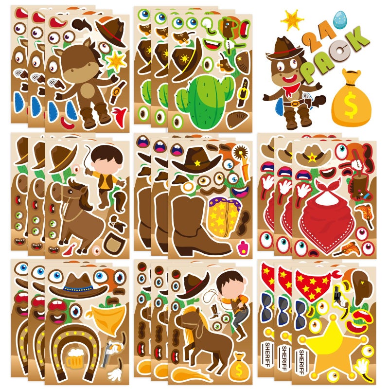 DUJAA 24 Sheets Western Cowboy Stickers, Make Your Own Cowboy Hat Boots Cactus Decals for Kids, Make a Face Sticker, Art Craft Party Favor Supplies - Image 1