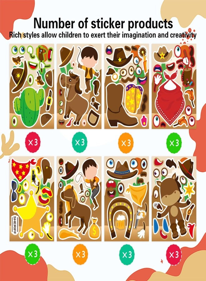 DUJAA 24 Sheets Western Cowboy Stickers, Make Your Own Cowboy Hat Boots Cactus Decals for Kids, Make a Face Sticker, Art Craft Party Favor Supplies - Image 4