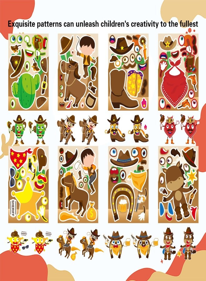 DUJAA 24 Sheets Western Cowboy Stickers, Make Your Own Cowboy Hat Boots Cactus Decals for Kids, Make a Face Sticker, Art Craft Party Favor Supplies - Image 3