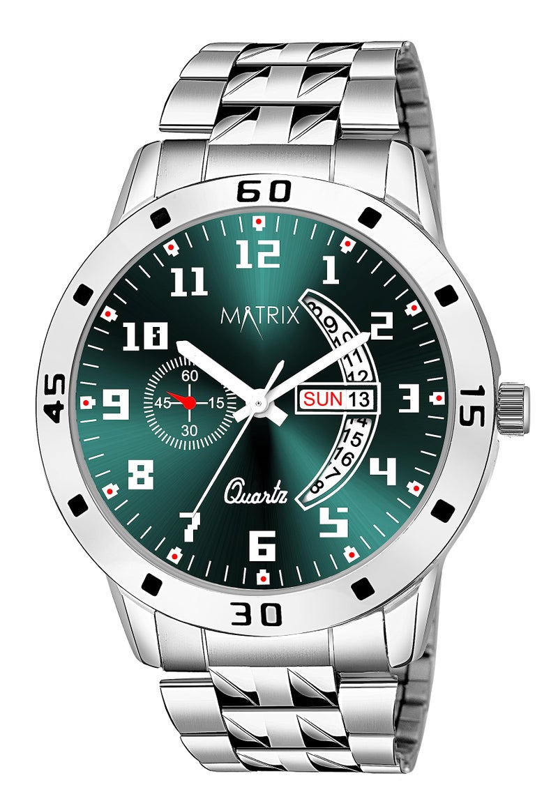 Matrix Blue, Black & Silver Dial, Day & Date Functioning, Stainless Steel Strap Analog Watch for Men & Women (Olive) - Image 1