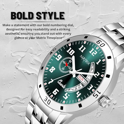 Matrix Blue, Black & Silver Dial, Day & Date Functioning, Stainless Steel Strap Analog Watch for Men & Women (Olive) - Image 4