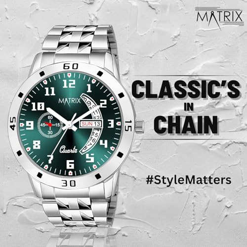 Matrix Blue, Black & Silver Dial, Day & Date Functioning, Stainless Steel Strap Analog Watch for Men & Women (Olive) - Image 2