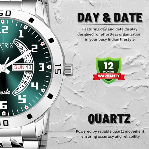 Matrix Blue, Black & Silver Dial, Day & Date Functioning, Stainless Steel Strap Analog Watch for Men & Women (Olive) - Image 3