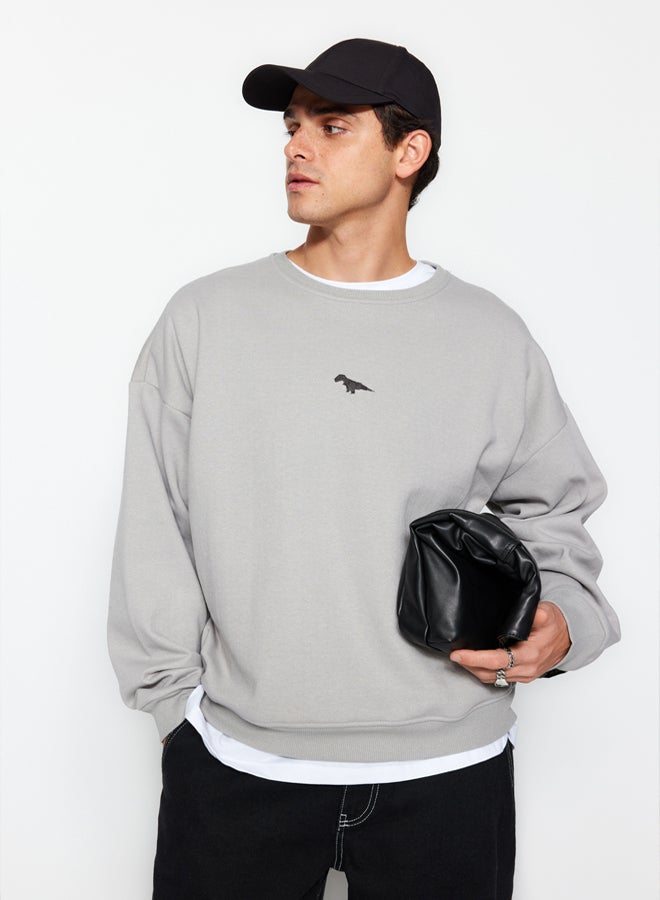 trendyol Grey Crew Neck Oversize/Wide Cut Fleece Inside/Warm Dinosaur Embroidery Sweatshirt - Image 1