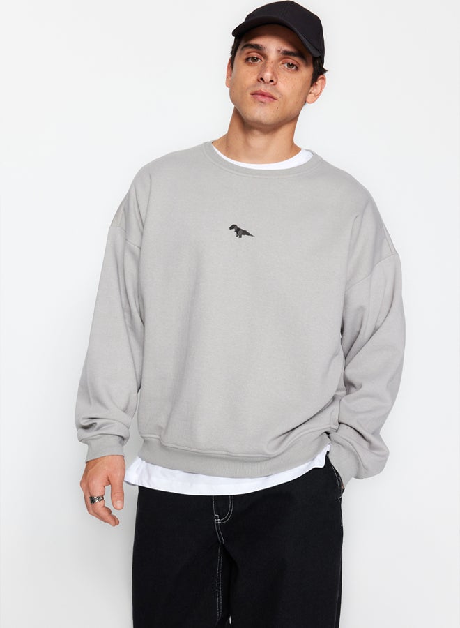 trendyol Grey Crew Neck Oversize/Wide Cut Fleece Inside/Warm Dinosaur Embroidery Sweatshirt - Image 3