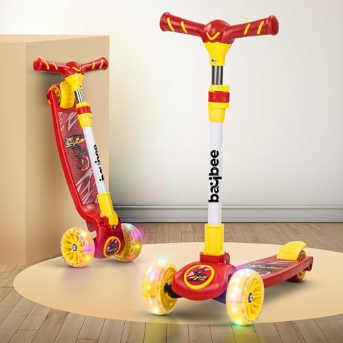 GoodLuck Baybee Kitty Kick Scooter for Kids | Foldable Kids Skate Scooter with 4 Height Adjustable Handle & Brake with LED PU Wheels | Runner Scooters for Kid 3 to 10 Years Boys Girls (Pink/Yellow) - Image 1