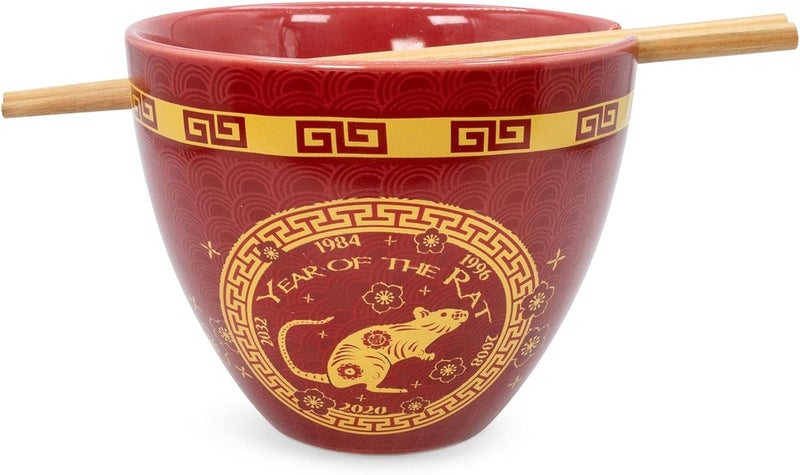 Boom Trendz Year Of The Rat Chinese Zodiac Ceramic Dinnerware Set  Includes 16Ounce Ramen Noodle Bowl and Wooden Chopsticks Asian Food Dish For Home  Kitchen Kawaii Lunar New Gifts Red One Size - Image 1
