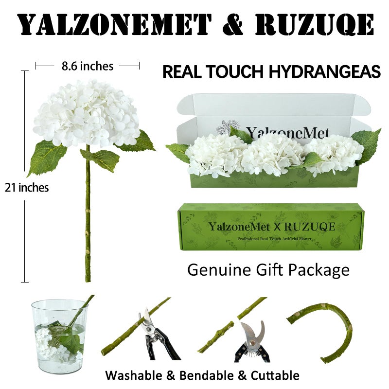 YalzoneMet 3 PCS White Hydrangea Artificial Flowers 21 inchs Real Touch Faux Hydrangea Flowers for Wedding Tables Centerpieces Fake Flowers for Party Home Kitchen Decor - Image 3