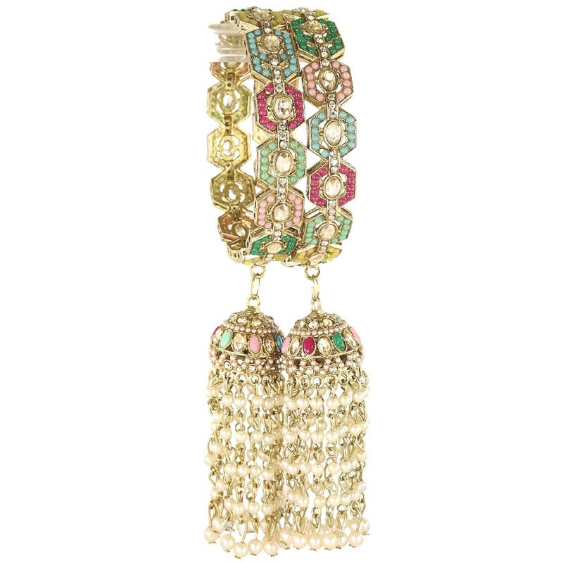 NMII Antique Metal Latkan Bangles Set For Women & Girls Adorned with Beautiful Zircon Stones & White Moti Pearls | Traditional Jhumka Kalira Bangles with Hangings | Wedding, Party, Festive- Set of 2 - Image 1