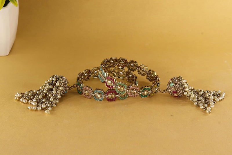 NMII Antique Metal Latkan Bangles Set For Women & Girls Adorned with Beautiful Zircon Stones & White Moti Pearls | Traditional Jhumka Kalira Bangles with Hangings | Wedding, Party, Festive- Set of 2 - Image 5
